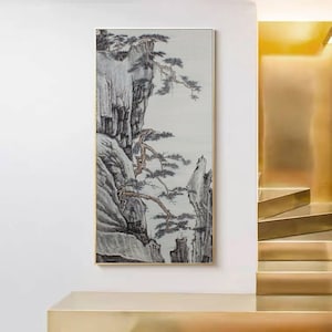 Hand-painted ink wash precipice and pine trees painting, Chinese refined brush landscape art, original vertical large painting wall hanging
