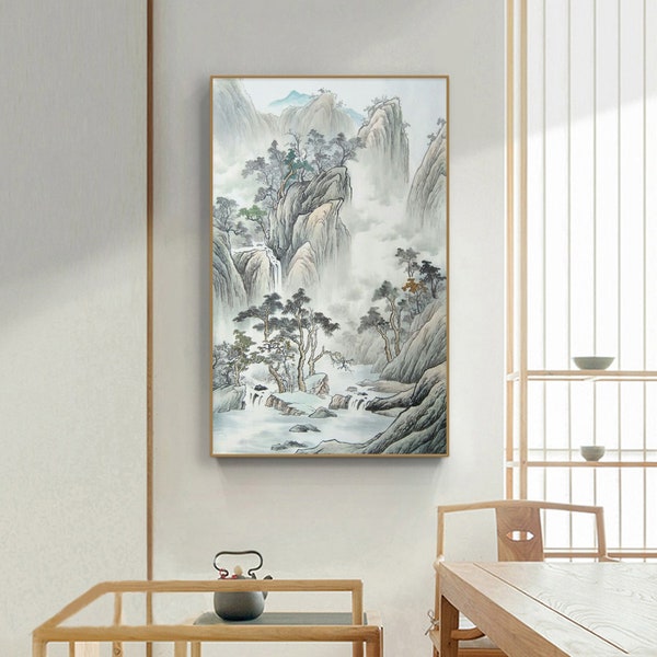Light gray misty mountains and streams, vertical Shan shui brush painting, original hand-painted, unframed literati painting