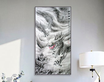 Black and white ink wash Chinese dragon, hand-painted, original real painting, legendary creature in Chinese mythology, Chinese culture gift