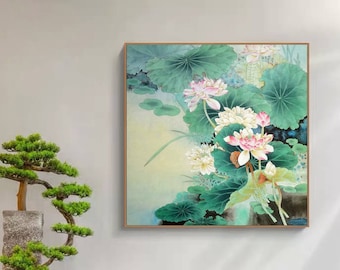 May include: A framed painting of pink and white lotus flowers with green leaves. The flowers are in bloom and the leaves are lush and green. The painting is set against a light yellow background.