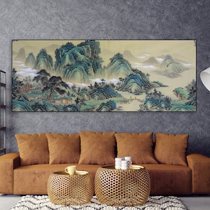 Extra large horizontal hand-painted Chinese Landscape painting, Antique taste Shan shui artwork original, East Asian art wall decor,180x70CM