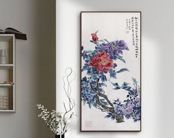 Passionate high-saturation rich and vibrant color peony flowers art, original painting, Chinese Mogu flower painting, hand-painted art piece