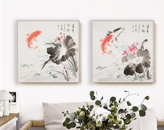 Hand-Painted Koi fish art, Original Chinese watercolor koi painting, freehand style koi fish, Square sumi-e koi painting, koi and peonies