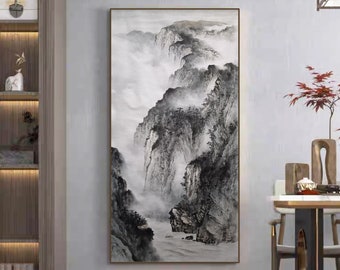 Chinese ink and wash painting, mountain landscape brush painting, unframed hand-painted minimal black and white, Original Shan shui painting