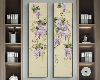 Hand-Painted wisteria blossoms and bird art, Original Chinese watercolor wisteria painting, slim vertical Chinese botanic painting, set of 2