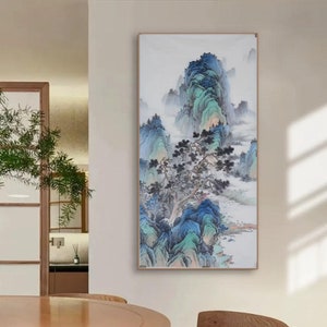 Tall pine high mount, Chinese literati painting, blue-green Shan shui, mountain landscape painting, unframed original hand-painted, 68x136cm