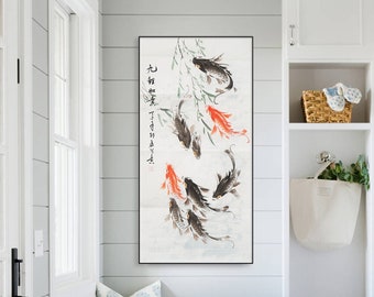 Hand-Painted Koi fish brushwork, Sumi Koi, Shui mo koi, koi brush painting, large vertical East Asian wall art, Fengshui painting, 20x39 VK