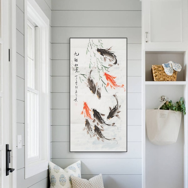 Hand-Painted Koi fish brushwork, Sumi Koi, Shui mo koi, koi brush painting, large vertical East Asian wall art, Fengshui painting, 20x39 VK