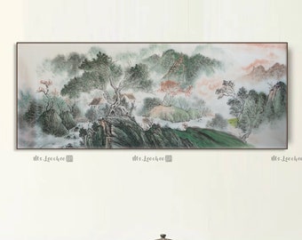 Hand-painted Chinese color ink wash landscape painting, Authentic East Asian brush painting, original Shan shui painting, Chinese gift