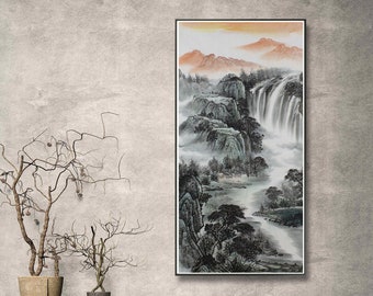 Hand-Painted Chinse landscape, original brush painting, living room wall decor, office wall decor, unframed Shan shui painting, Chinese gift