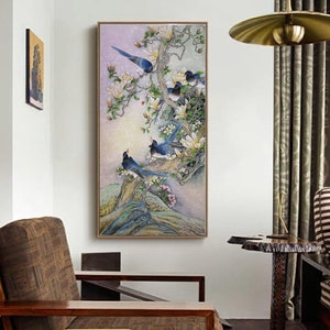 100% Hand-Painted Magnolia and Magpie, Original Chinese Meticulous botanical painting, vertical magnolia blossoms wall art, exquisite gift
