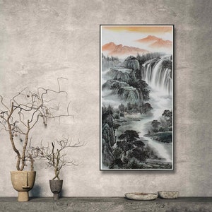 Hand-Painted Chinse landscape, original brush painting, living room wall decor, office wall decor, unframed Shan shui painting, Chinese gift