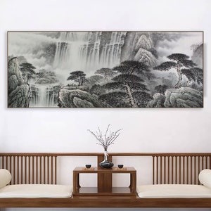 Original Chinese Shan-Shui Painting, Hand-painted landscape art, Original brush painting, Chinese wall décor, Feng Shui living room décor