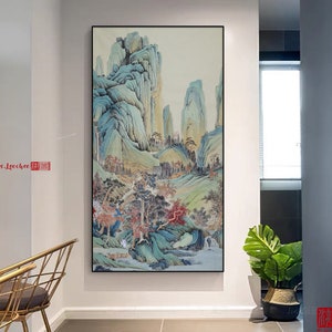 Hand-Painted Traditional green landscape, 純手繪傳統青綠山水, Original vertical large Chinse landscape painting, fine-brush mountains and waters