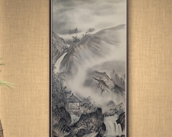 Authentic Chinese Mountain Landscape Wall Art - Hand Painted Ink on Xuan Paper, Waterfall Brush Painting, Oriental Scroll Style 49x99cm
