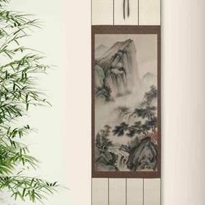 Vintage-retro Chinese landscape painting, Hand-painted, authentic Chinese brush painting, 43x93 cm, ink on Xuan paper, silk hanging scroll