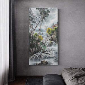 Original waterfalls painting, Hand-Painted Chinse landscape painting, vibrant Shan shui painting, large size vertical Fengshui painting
