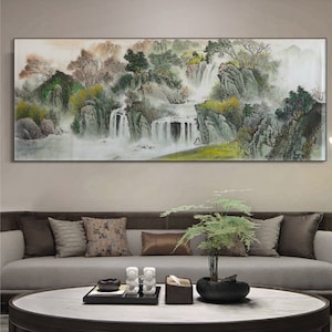 Misty forest and waterfall mountain, East Asian aesthetic brush painting, Landscape painting, Original Chinese Shan shui painting, 180x68 cm
