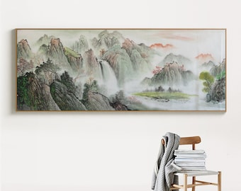 Misty forest and waterfall mountain, East Asian aesthetic brush painting, Landscape painting, Original Chinese Shan shui painting, 180x68 cm