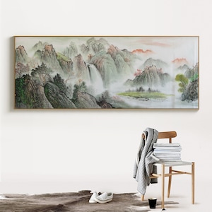 Misty forest and waterfall mountain, East Asian aesthetic brush painting, Landscape painting, Original Chinese Shan shui painting, 180x68 cm