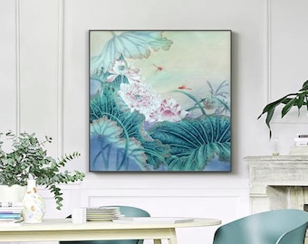 White lotus, Original painting, East Asian watercolor art, lotus painting, Hand-painted meticulous art, Chinese Gongbi painting, unframed