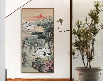 100% Hand-Painted pine tree & crown cranes art, large size vertical traditional Chinese brush painting, Gongbi, Asian wall decor, tea room