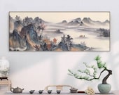 Antique Hand-painted Chinese Landscape Art, original ink brush mountains art, authentic ink brush Shan Shui painting, vintage style painting