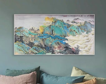 Blue-green Shan shui painting, original Chinese panting, rich and vibrant clouds and peaks art, unframed hand-painted mountain landscape art