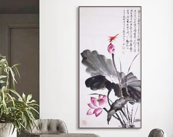 freehand style ink lotus painting, Sumi e lotus art, hand-painted Shuimo lotus, original painting, vertical large unframed bush painting