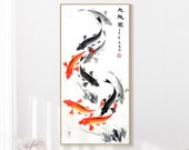 100 Hand-Painted Koi fish art, Koi sumi e, vertical freehand style Asian painting, tea room wall art, Fengshui painting, sumi koi artwork