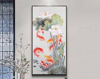 Authentic Hand-Painted Koi fish and lotus artwork, original lotus & Koi sumi e, vertical Chinese brush painting, Gongbi botanic painting