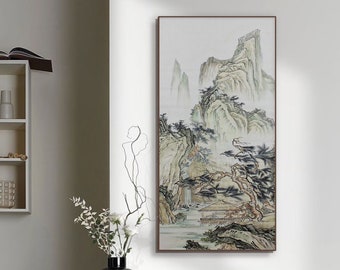 Hand-painted Chinese traditional landscape painting, Original Chinese brush painting, color ink on Xuan paper, meticulous Shan shui painting