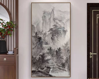 Secluded in the Mountains and Forest, Detailed Brushwork, black and white Chinese Shan shui art, ink wash painting, hand-painted original