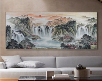 Hand-painted Feng shui landscape painting, Original Shan shui painting, Extra large mountains & waters painting, 聚寶盆 treasure bowl painting