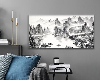 Minimal Shuimo freehand Ink wash painting, Li river Shan shui painting, Lijiang landscape art, large horizontal Chinese brush painting ZM