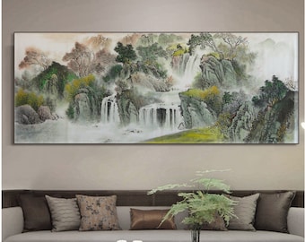 Misty forest and waterfall mountain, East Asian aesthetic brush painting, Landscape painting, Original Chinese Shan shui painting, 180x68 cm