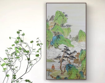Green mountains, Huang Shanshou painting style inspired, Hand-painted Chinese traditional landscape painting, Original brush painting