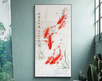 100% Hand-painted Chinese watercolor koi fish art, Slender vertical koi fish painting, Original Asian ink wash painting, 50x100cm