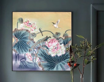 Chinese Gongbi painting, Pink Lotus and birds, original painting, hand-painted fine-brush painting, watercolor botanical, lotus painting