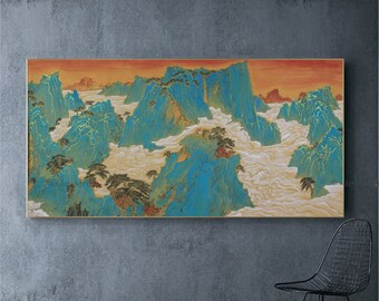 Luxury style large horizontal wall art above sofa, Original fine-brush painting, Exclusive Golden Illuminated Chinese landscape painting