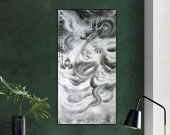 Black and white ink wash Chinese dragon, hand-painted, original real painting, legendary creature in Chinese mythology, Chinese culture gift