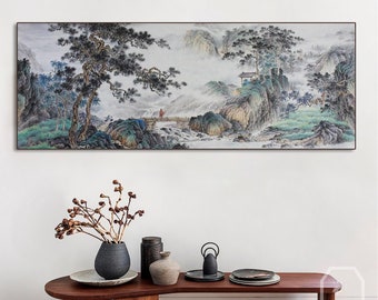 Across the bridge, Painted from scratch, East Asian antique style brush painting, very detailed Chinese traditional landscape painting