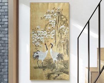 Antique style hand painted crane art, original Chinese meticulous red-crowned cranes and magnolia blossoms, large vertical unframed original