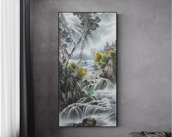 Original waterfalls painting, Hand-Painted Chinse landscape painting, vibrant Shan shui painting, large size vertical Fengshui painting