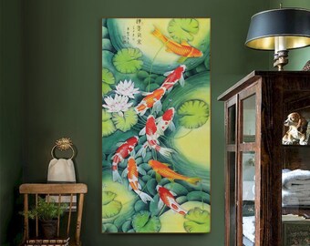 锦鲤，鲤，Koi fish, koi ponds water gardens，Good luck related, Original Hand-painted koi brush painting, vertical large Feng shui koi painting