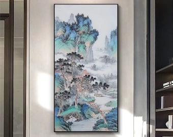 Pavilion Palace hidden in mountains and pine trees, Chinese traditional landscape painting, hand-painted, original blue-green Shan shui art