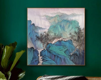 The clear blue mountains after rain in the empty hills, original Chinese modern landscape panting, ink brush painting, hand-painted original
