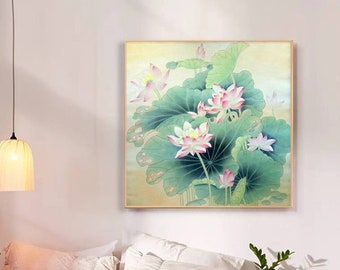 May include: A painting of pink and white lotus flowers with green leaves on a light yellow background.