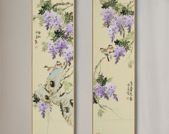 Original Chinese watercolor wisteria painting, slim vertical Chinese botanic painting, Hand-Painted wisteria blossoms and bird art, set of 2