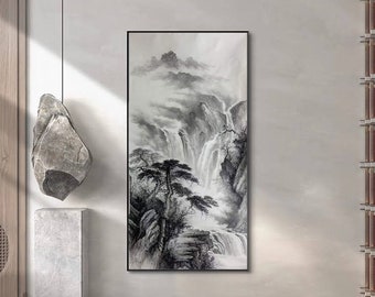 Hand-painted Chinese brush painting, Shan shui painting, Large vertical ink wash painting, original work, black and white shuimo painting,